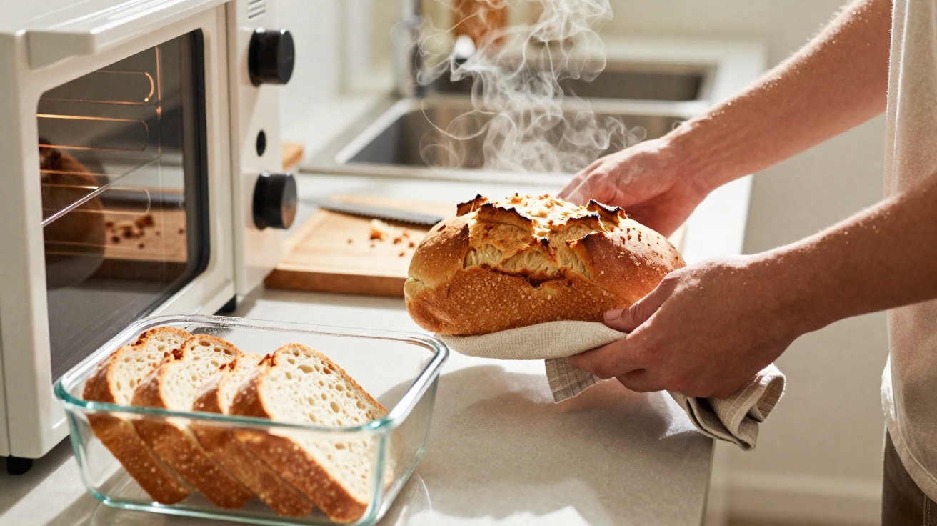 Pessoa segurando pão quente com vapor saindo, ao lado de forno elétrico e fatias de pão em refratário.