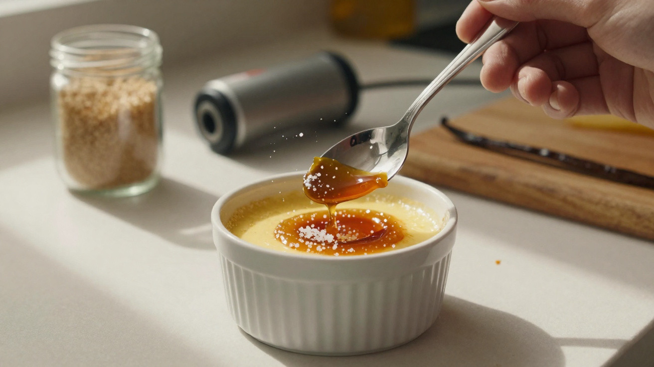 Mão usando colher para polvilhar açúcar sobre creme brûlée caramelizado em ramequim branco na bancada.