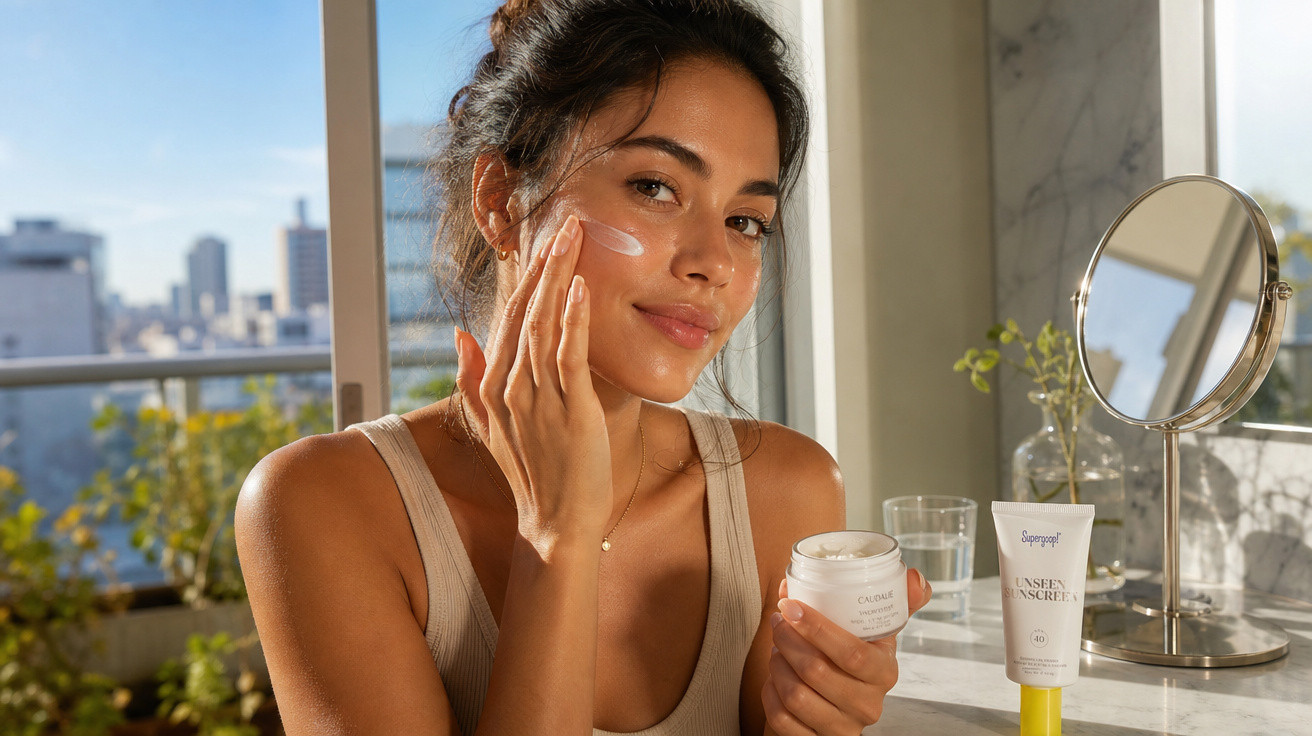 Mulher aplicando creme facial em ambiente iluminado com espelho e produtos de beleza ao fundo.