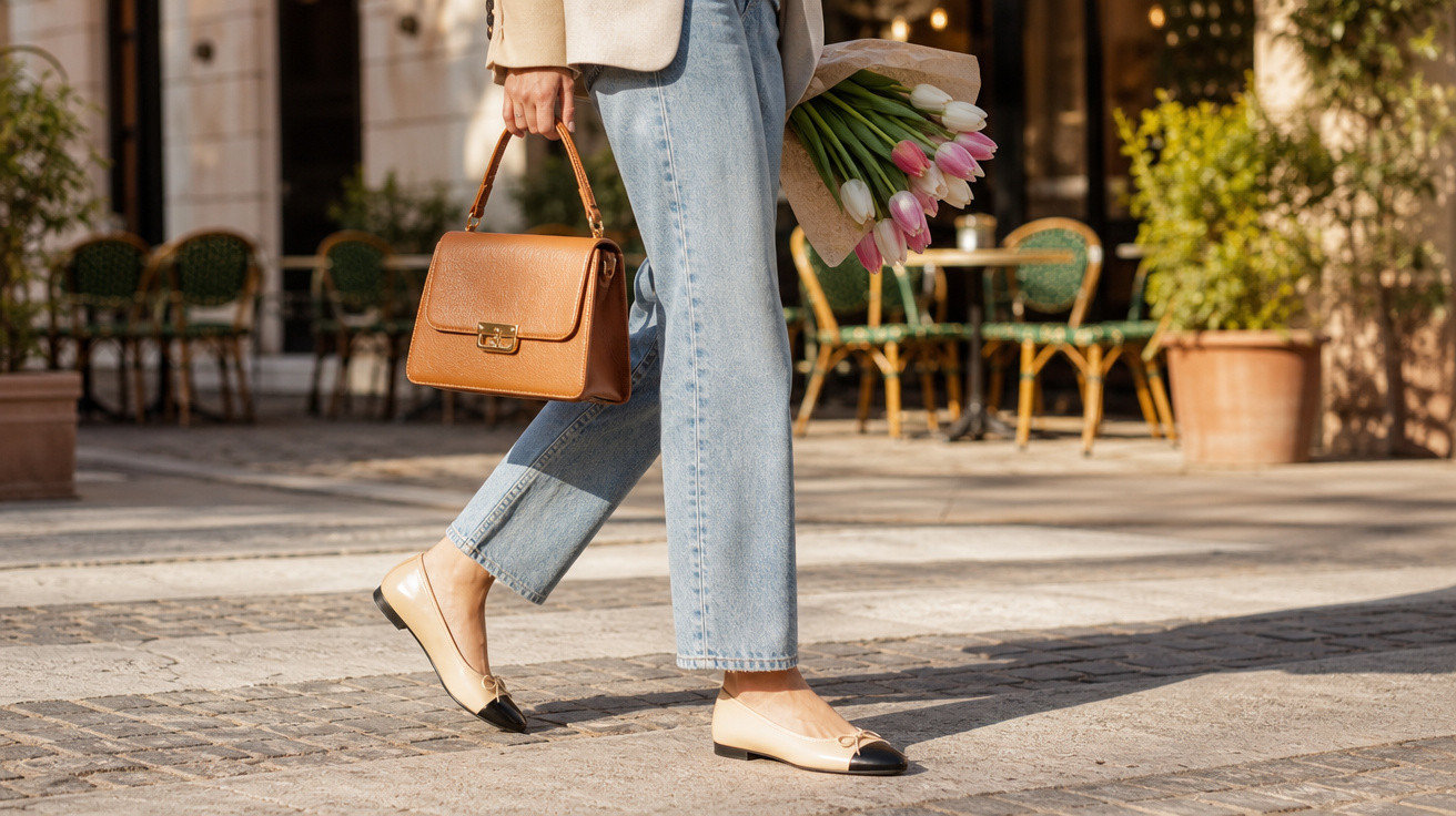 Pessoa caminhando na rua segurando bolsa marrom e buquê de tulipas coloridas.