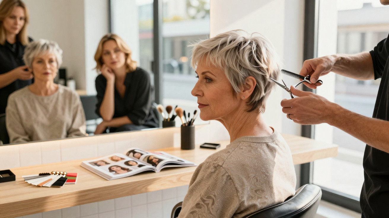 Mulher de cabelo grisalho corta o cabelo em salão de beleza com espelho e outras pessoas ao fundo.
