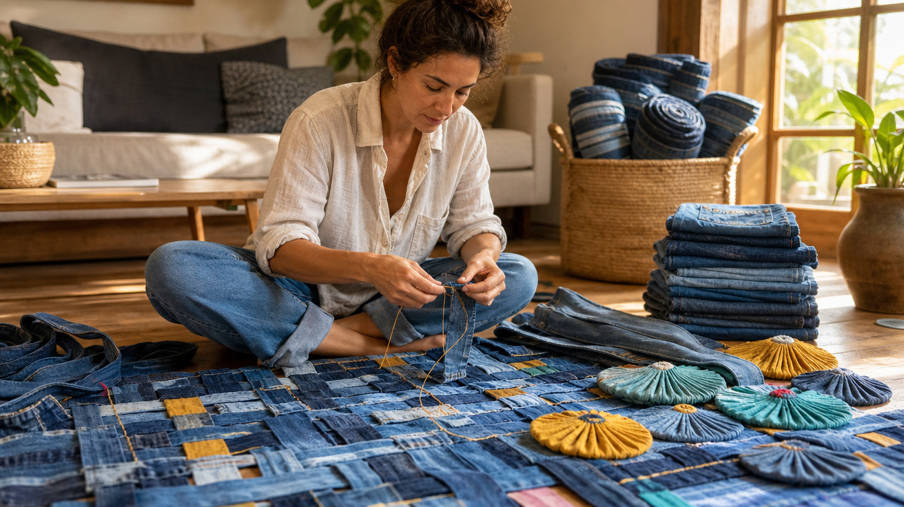 Mulher sentada no chão costurando tecido jeans reciclado em um ambiente iluminado e confortável.