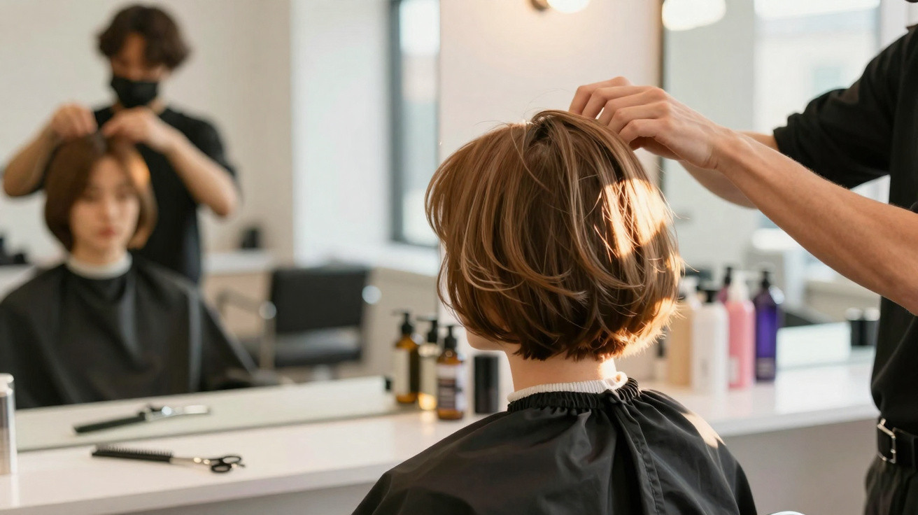 Cliente com cabelo curto loiro sendo atendida por cabeleireiro em salão moderno e iluminado.