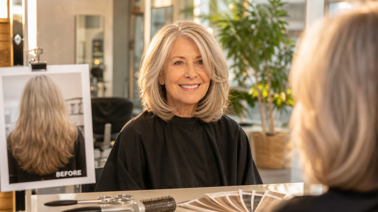 Mulher madura sorridente vendo o cabelo recém-cortado no espelho de salão de beleza.