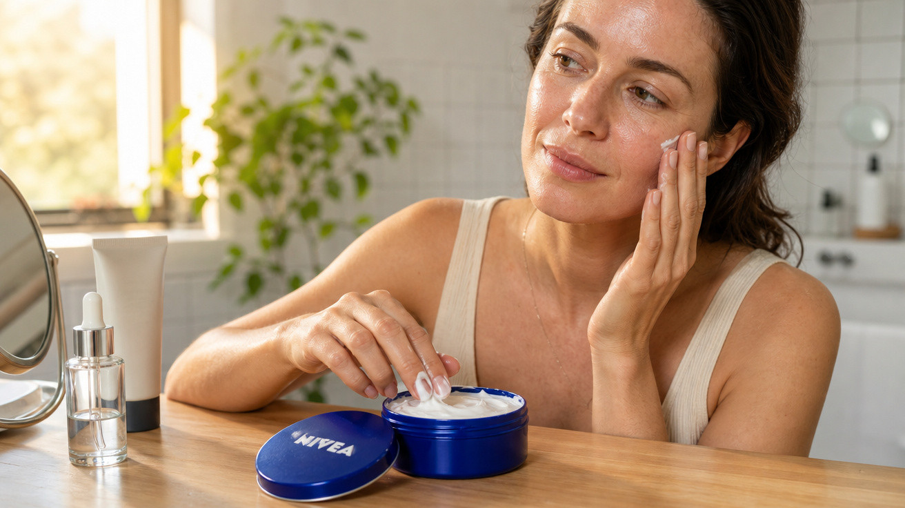 Mulher aplicando creme no rosto, com pote azul de Nivea e frascos de cosméticos sobre a mesa.
