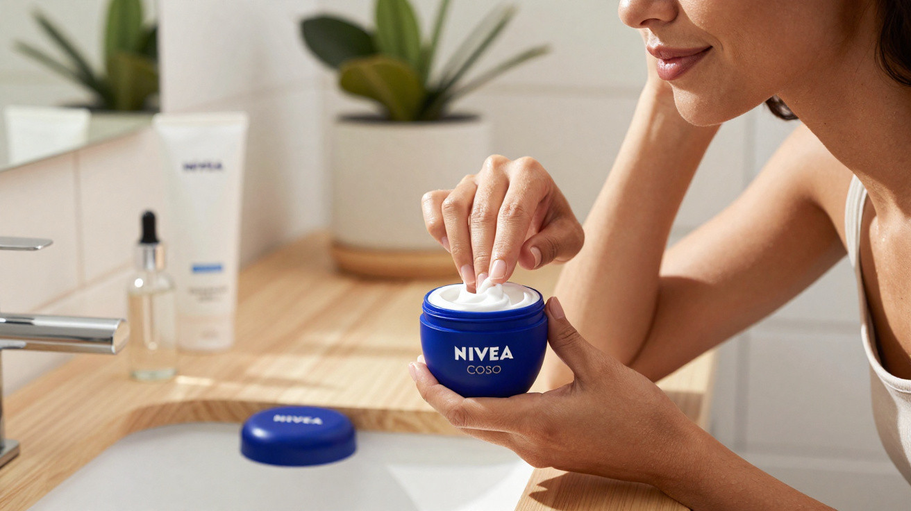 Pessoa aplicando creme Nivea Côso em ambiente de banheiro com plantas ao fundo.