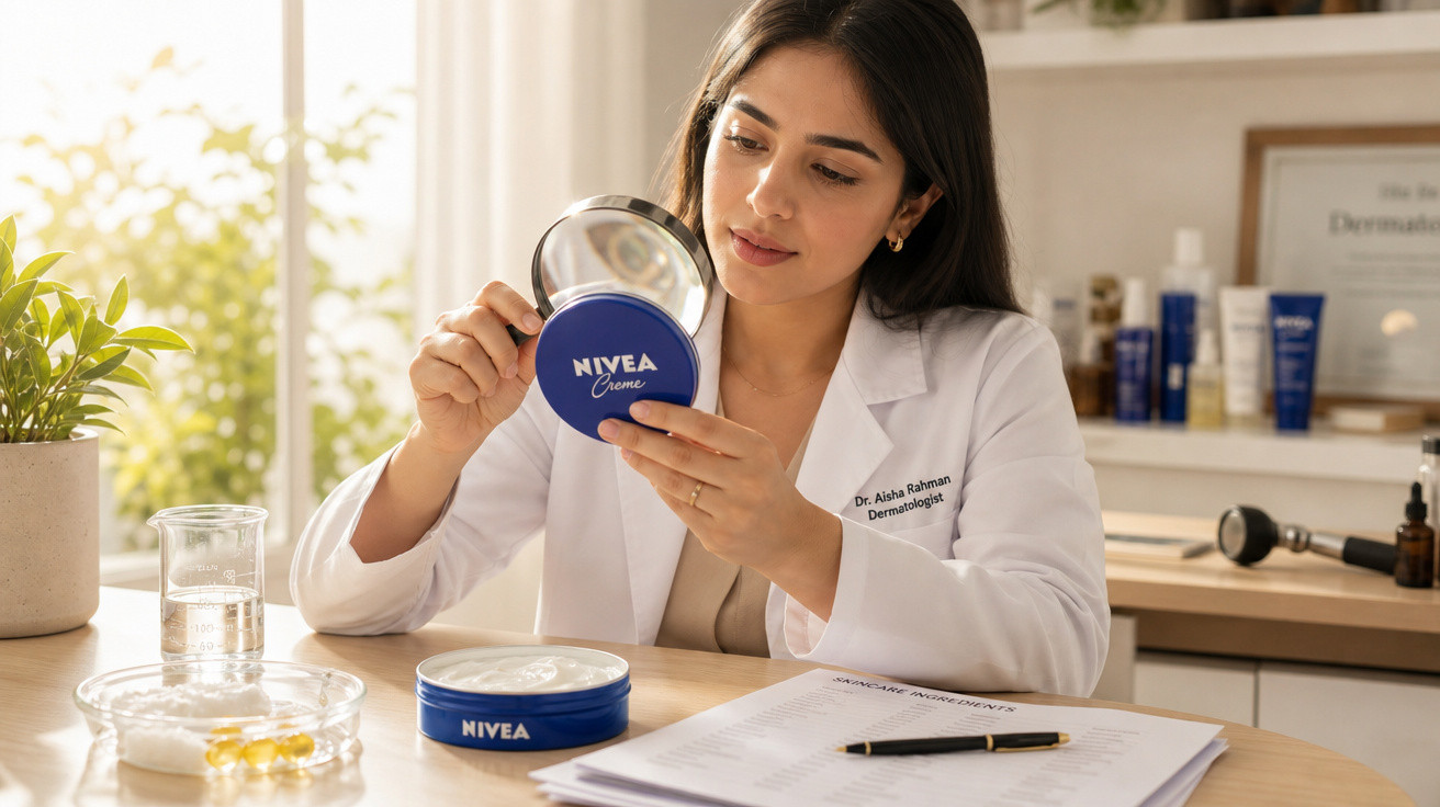 Mulher de jaleco branco examinando pote de creme Nivea em ambiente de consultório dermatológico.