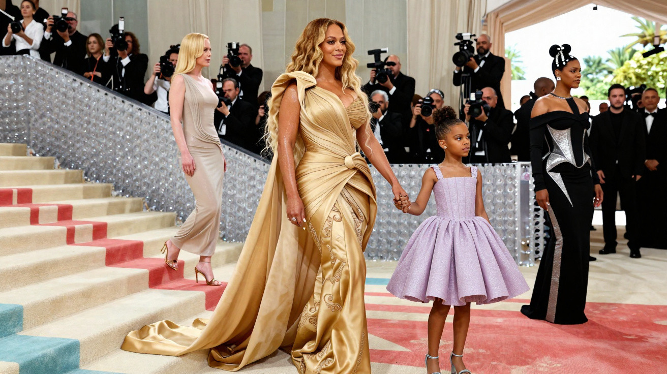 Mulher com vestido dourado longo segurando mão de criança com vestido lilás em evento com tapete vermelho.
