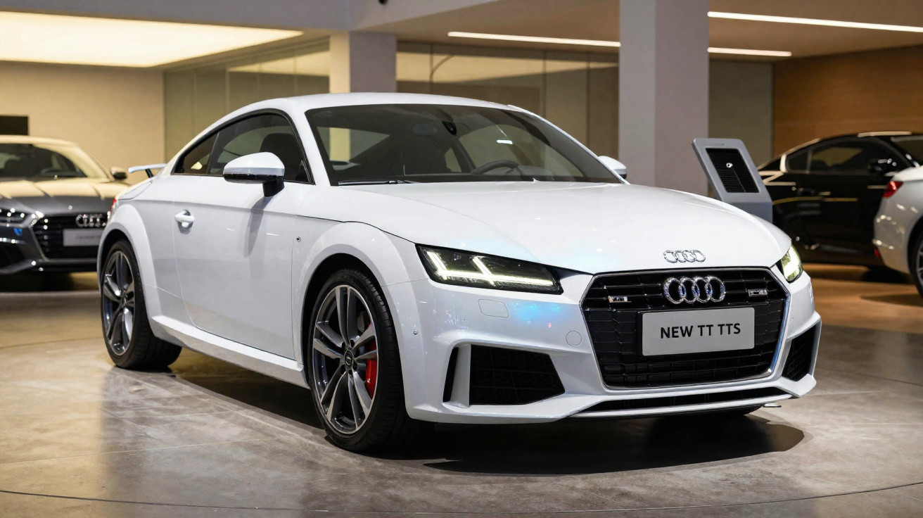 Carro esportivo branco Audi TT TTS estacionado em showroom com iluminação interna.
