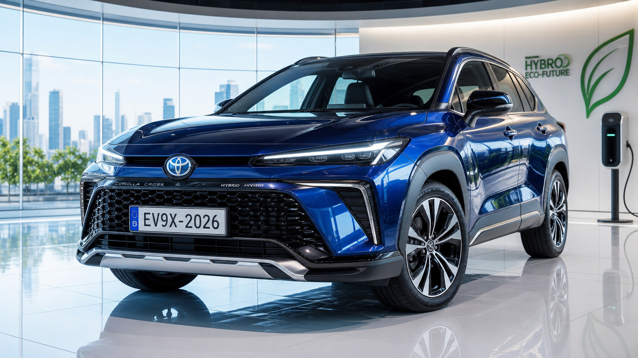Carro SUV híbrido Toyota Corolla Cross azul estacionado em showroom moderno e iluminado.