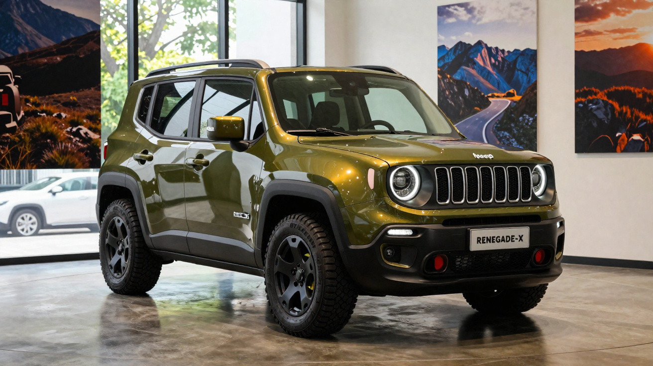Jeep Renegade verde exposto em showroom, com faróis acesos e pneus robustos.