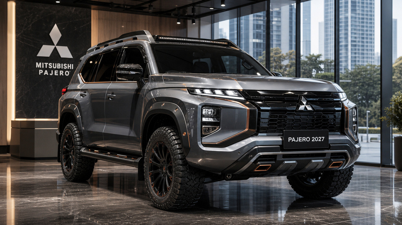 SUV Mitsubishi Pajero 2027 cinza metálico em showroom com prédios ao fundo.