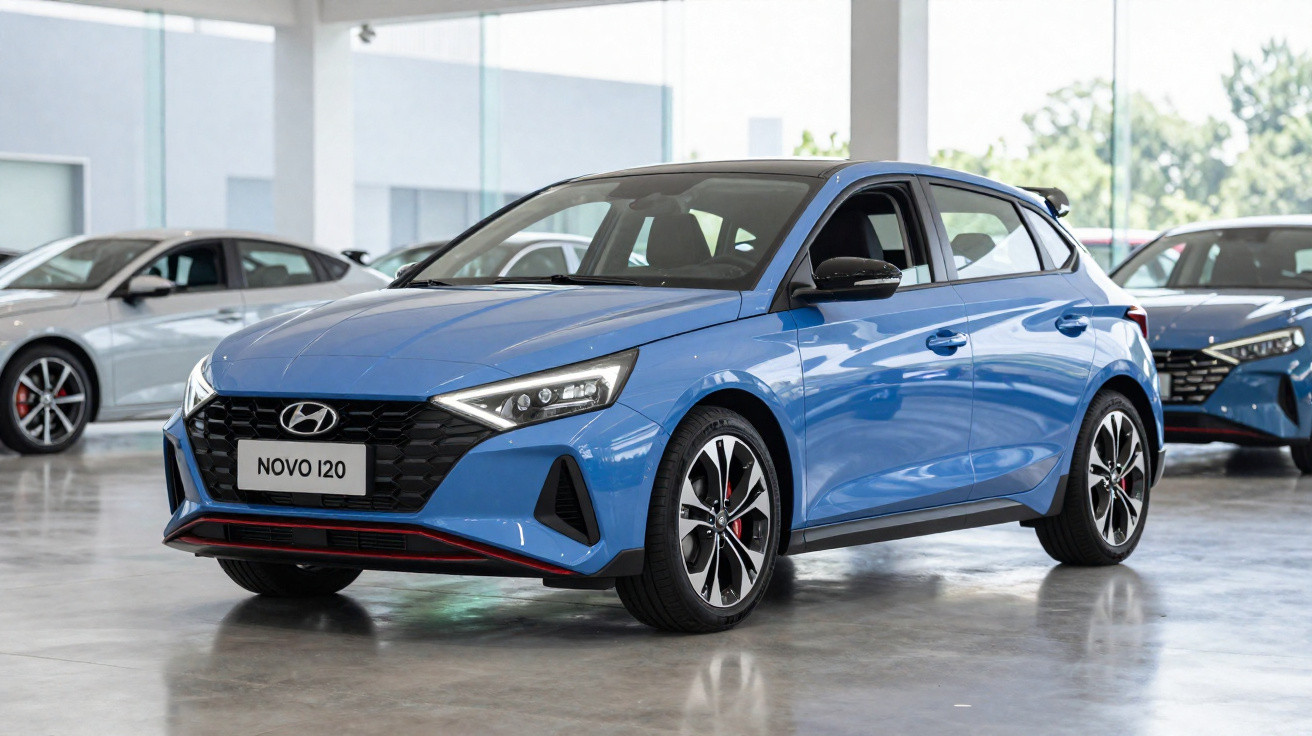 Carro Hyundai Novo i20 azul estacionado em showroom com piso e paredes claras.
