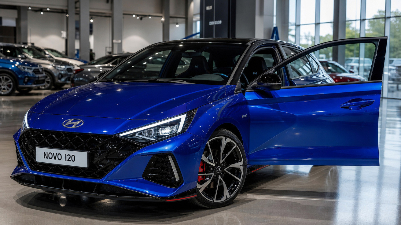 Carro azul Hyundai Novo i20 com porta dianteira aberta, em showroom iluminado.