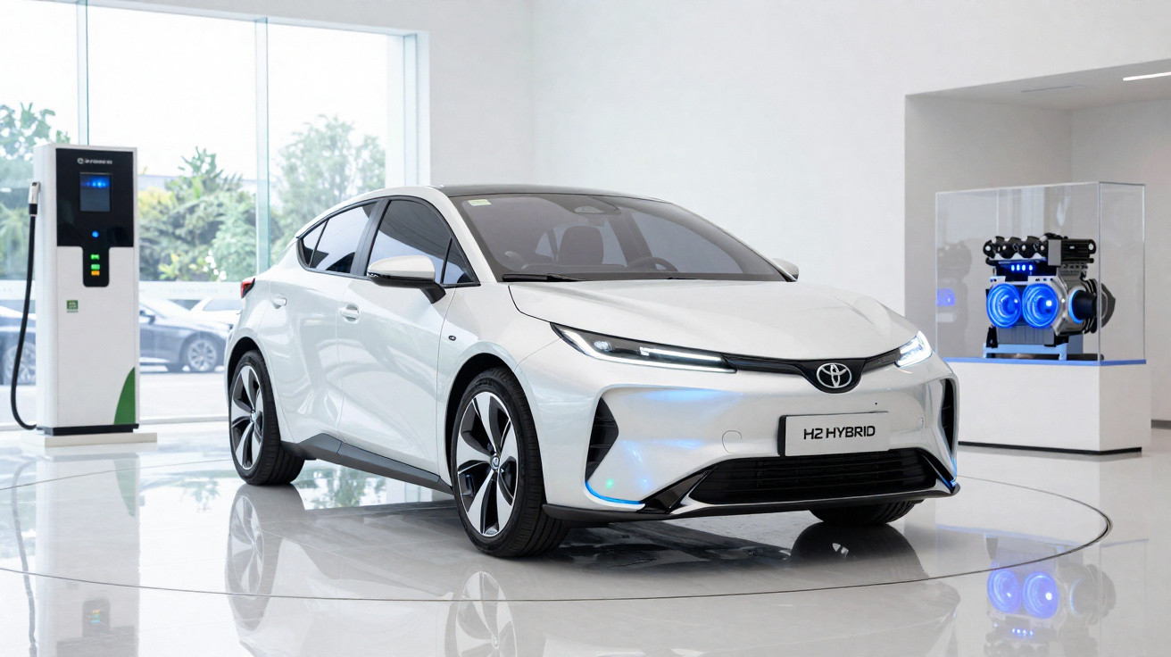 Carro branco Toyota H2 Hybrid em showroom moderno com estação de recarga elétrica ao fundo.