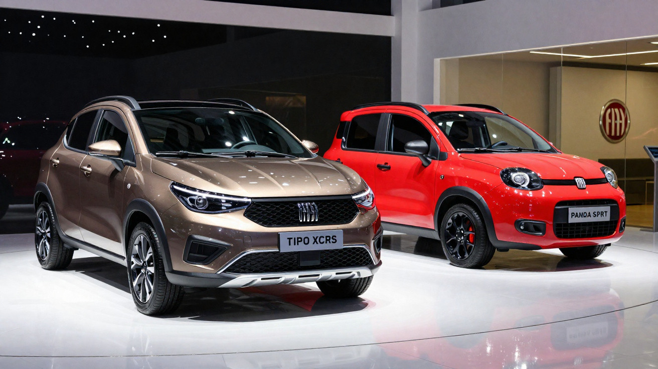 Dois carros Fiat em exposição, um Tipo XCRS marrom e um Panda SRT vermelho, em ambiente interno iluminado.