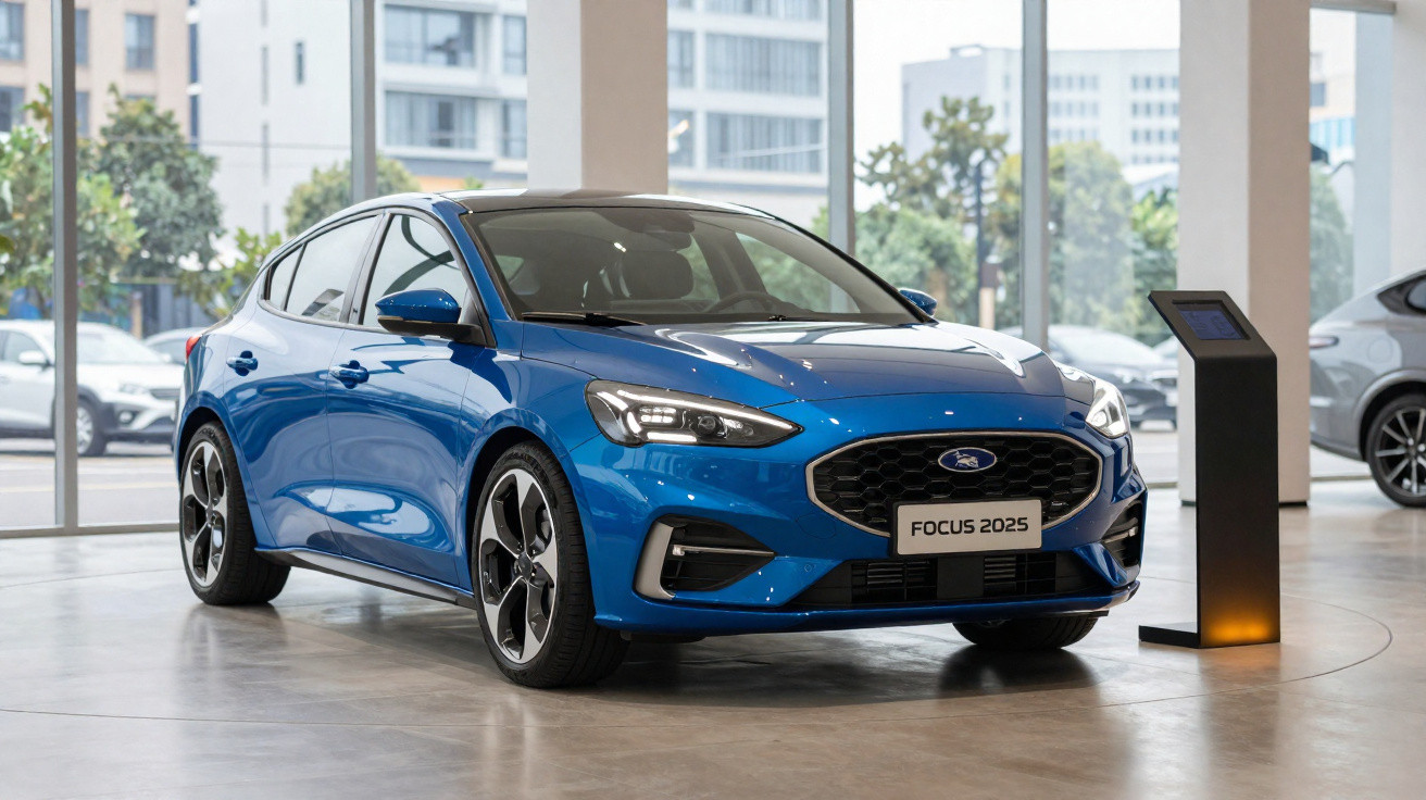 Carro azul Ford Focus 2025 exposto em showroom com piso cinza e janelas grandes ao fundo.