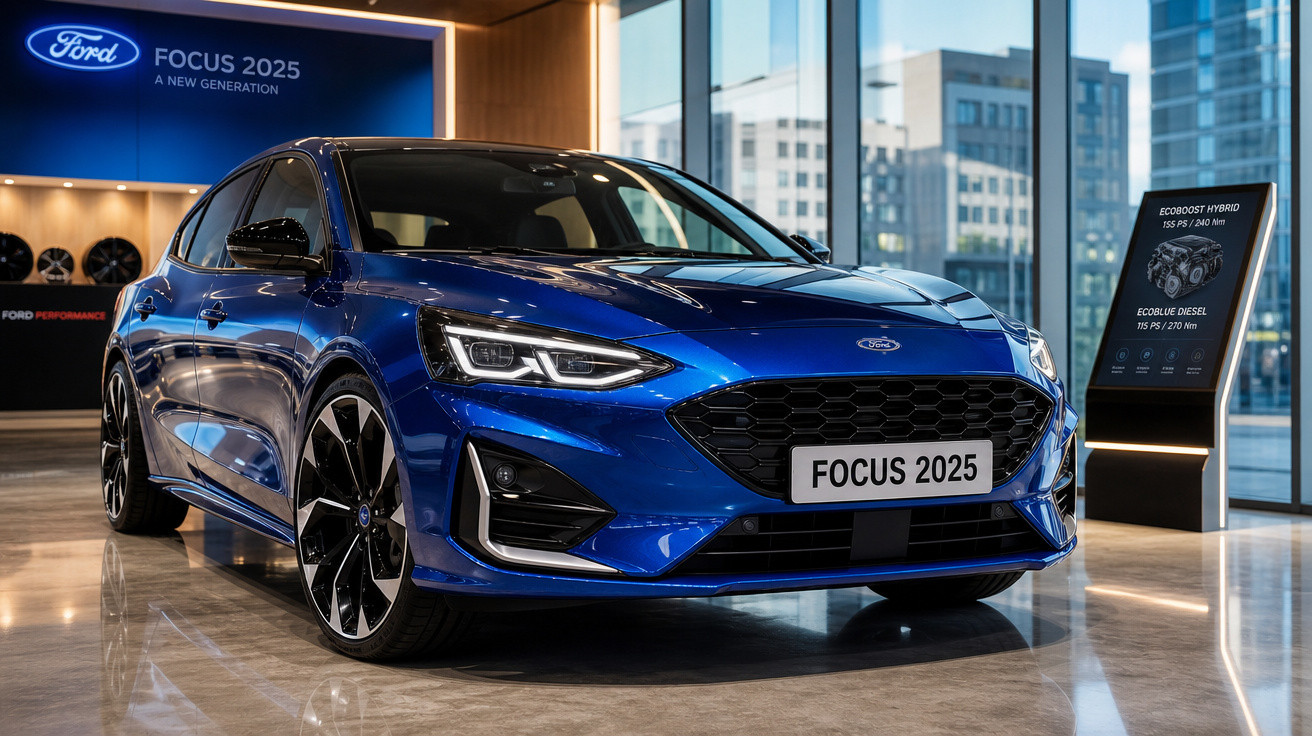 Carro Ford Focus 2025 azul em showroom moderno com placas e placa frontal com nome do modelo.
