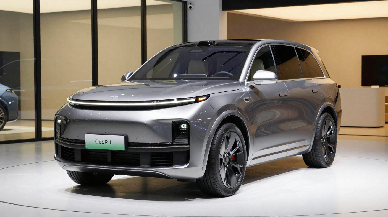 Carro SUV elétrico cinza prata GEER L estacionado em ambiente interno moderno.