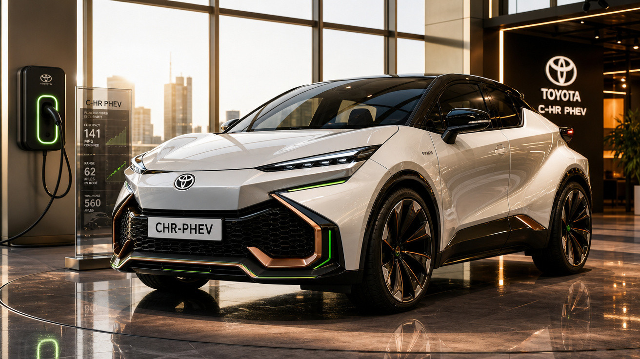 Carro elétrico Toyota C-HR PHEV branco em showroom moderno com carregador elétrico e iluminação ambiente.