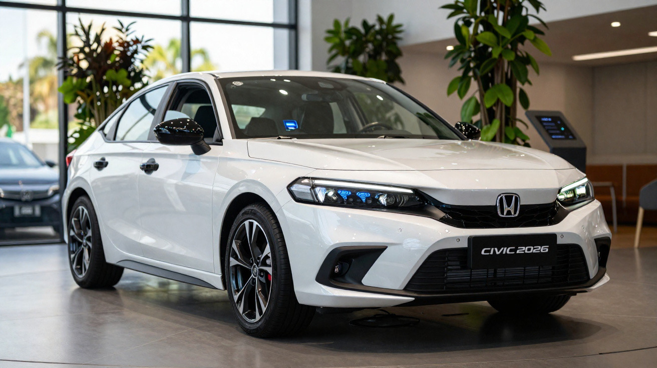 Carro Honda Civic 2026 branco exposto em showroom com plantas ao fundo.