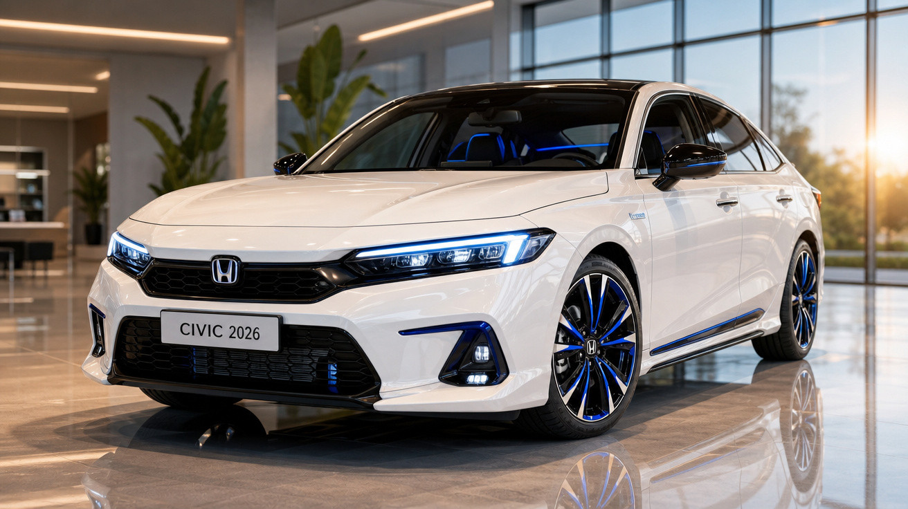 Carro branco Honda Civic 2026 estacionado em showroom com rodas pretas e detalhes azuis.
