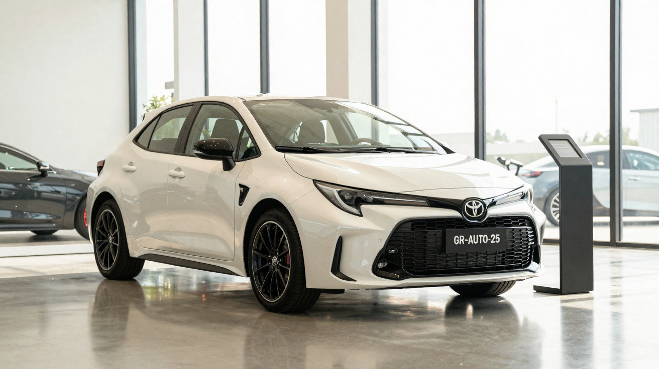 Carro branco Toyota Corolla exposto em showroom com piso de concreto e paredes de vidro.