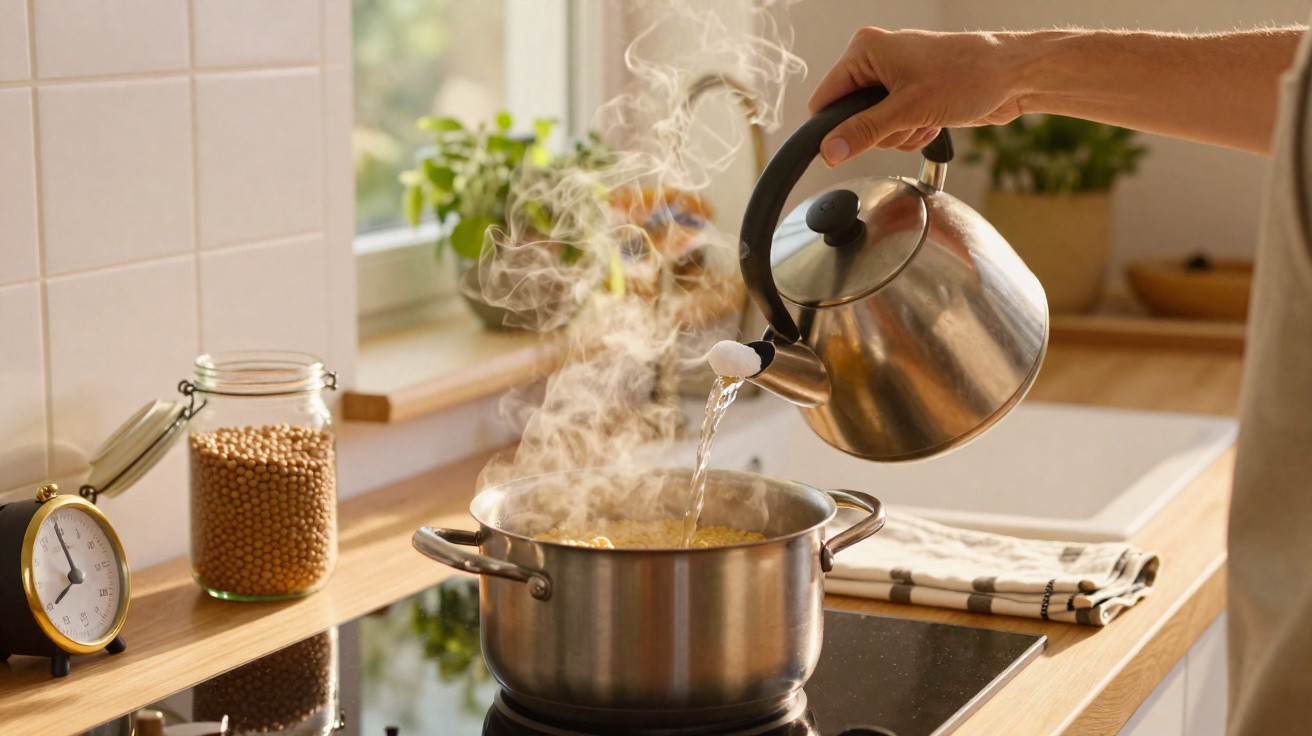 Mão despejando água fervente de chaleira em panela na cozinha com vapor saindo da panela.
