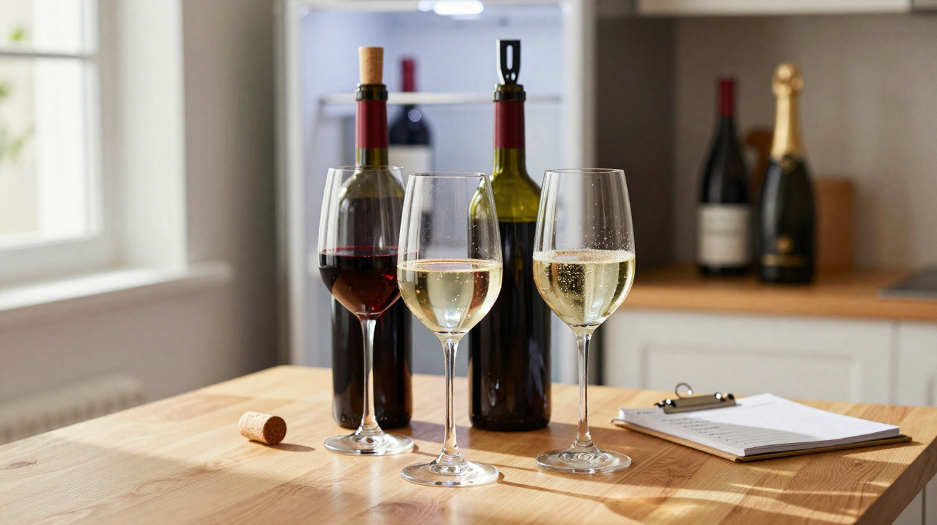 Garrafas de vinho tinto e branco com taças servidas sobre mesa de madeira iluminada pela luz natural.