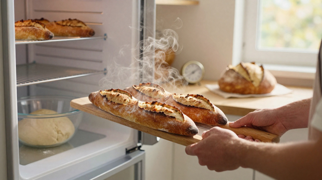 Pães quentes saindo do forno com vapor, em tabuleiro de madeira, ao lado de massa e outros pães.