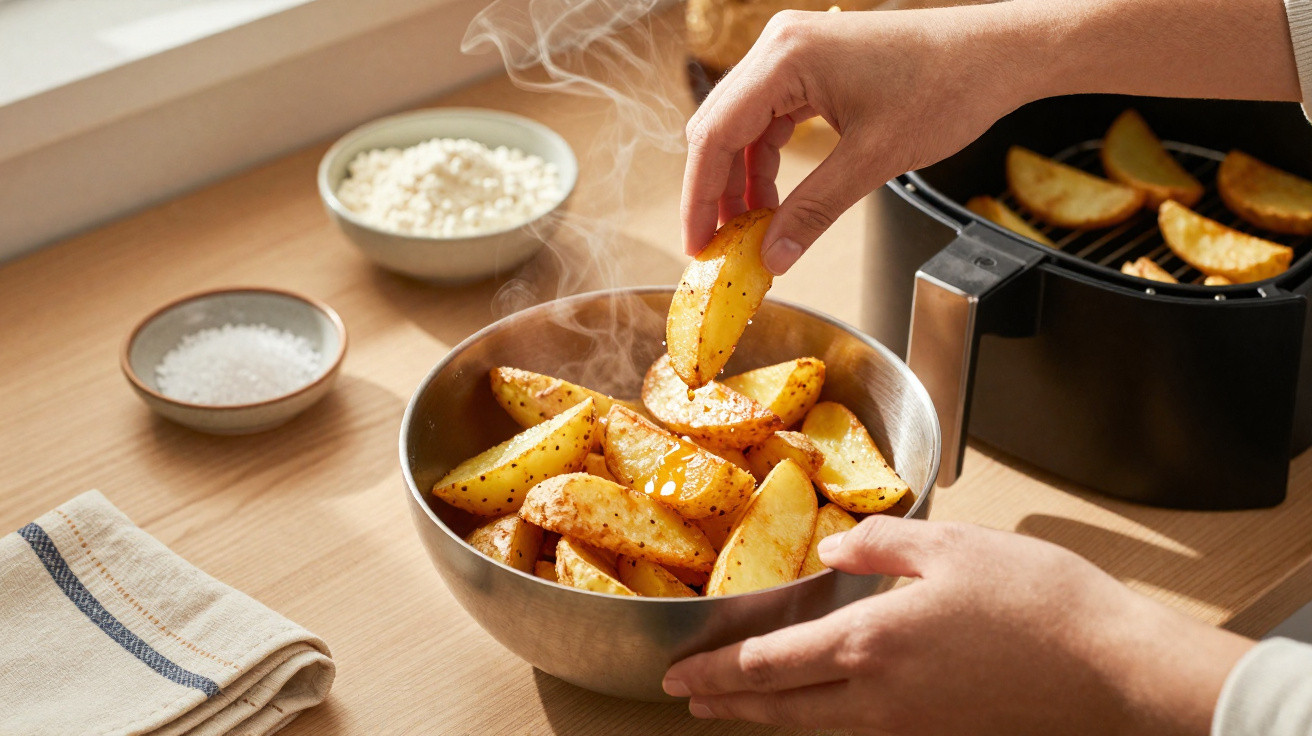 Mãos segurando batatas rústicas quentes em pedaços, saindo vapor, ao lado de uma air fryer na bancada.