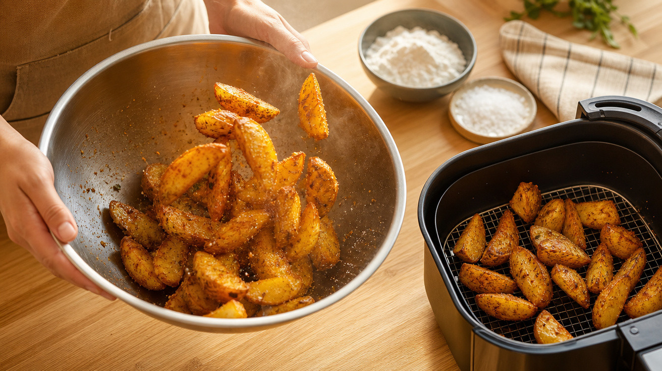 Mãos mexendo batatas rústicas temperadas em uma tigela ao lado de air fryer com batatas cozidas.