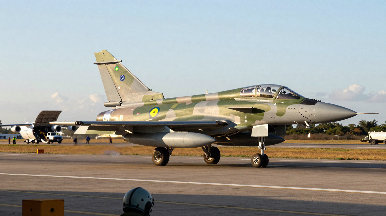 Avião de caça com camuflagem verde taxiando em pista de aeroporto militar ao entardecer.