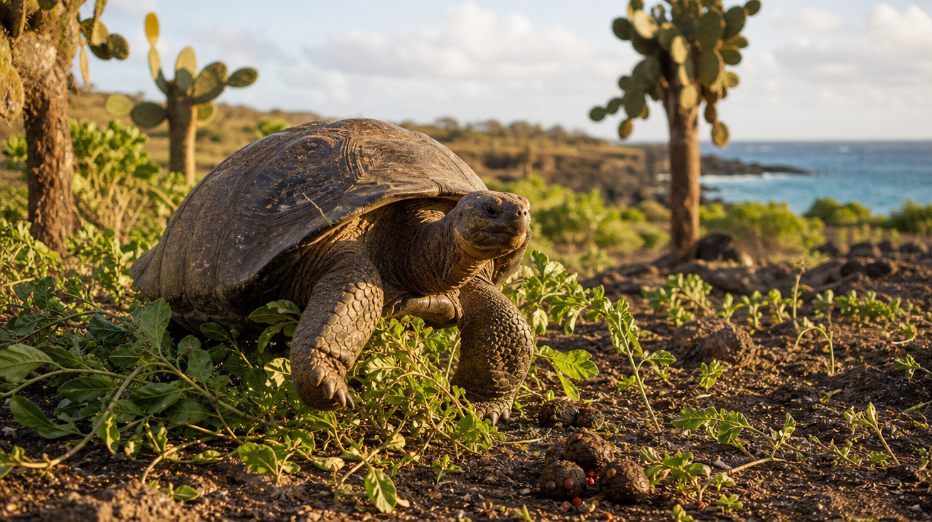 Tartaruga gigante caminhando sobre solo com plantas e cactos, com mar e céu ao fundo.