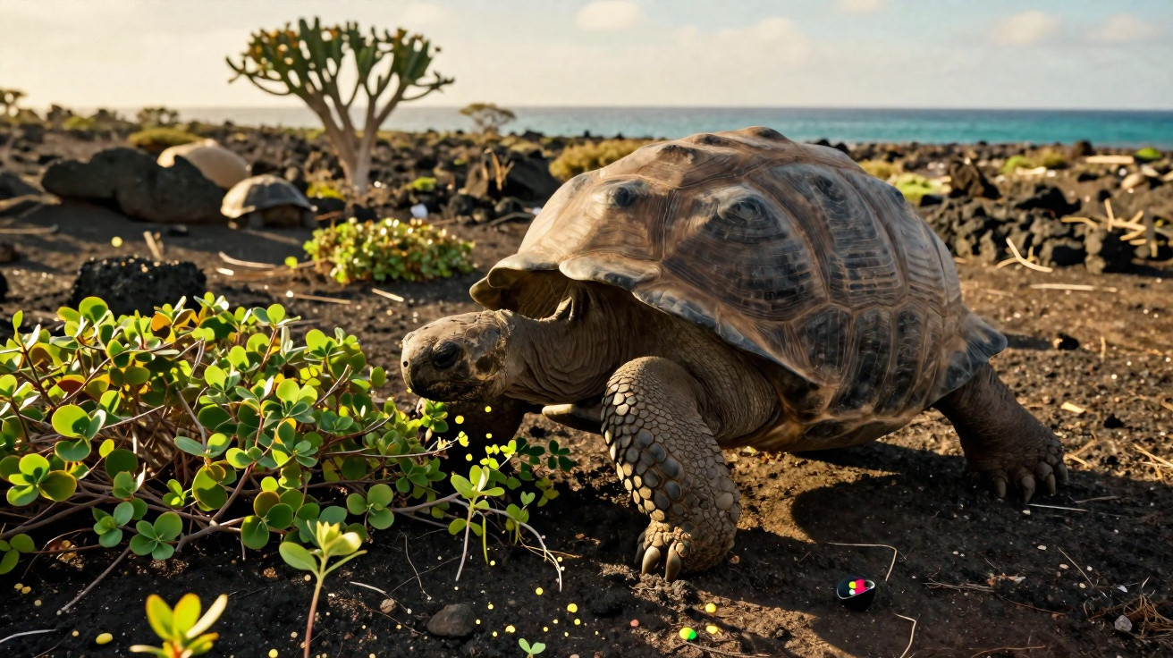 Tartaruga gigante caminhando em terreno árido com pequenas plantas e oceano ao fundo em dia ensolarado.