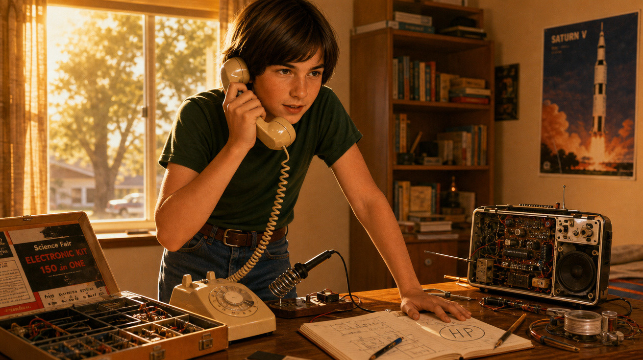 Menino usando telefone fixo em mesa com rádio aberto, equipamentos eletrônicos e caderno de anotações.