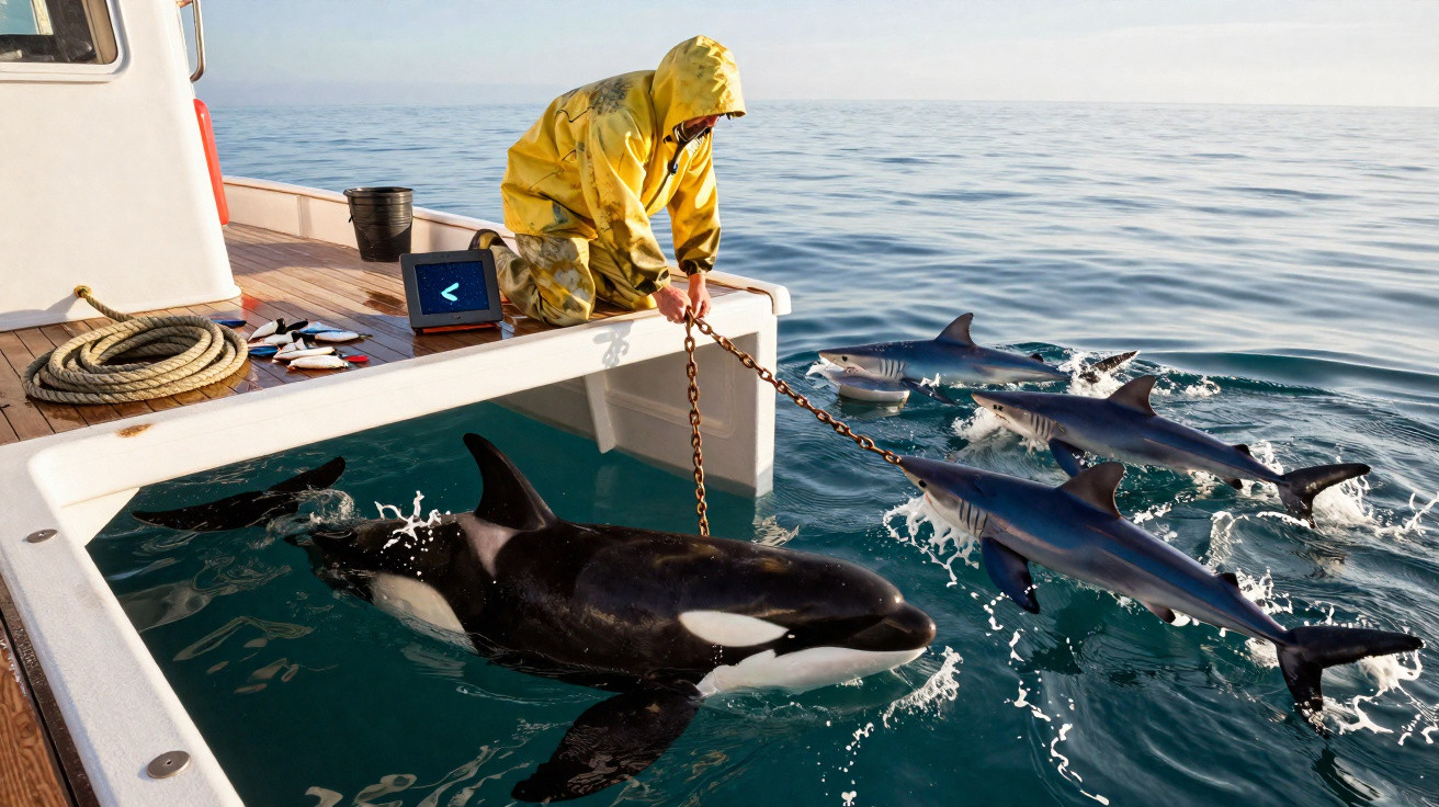 Pesquisador em barco interage com orca e tubarões próximos à embarcação em mar calmo.