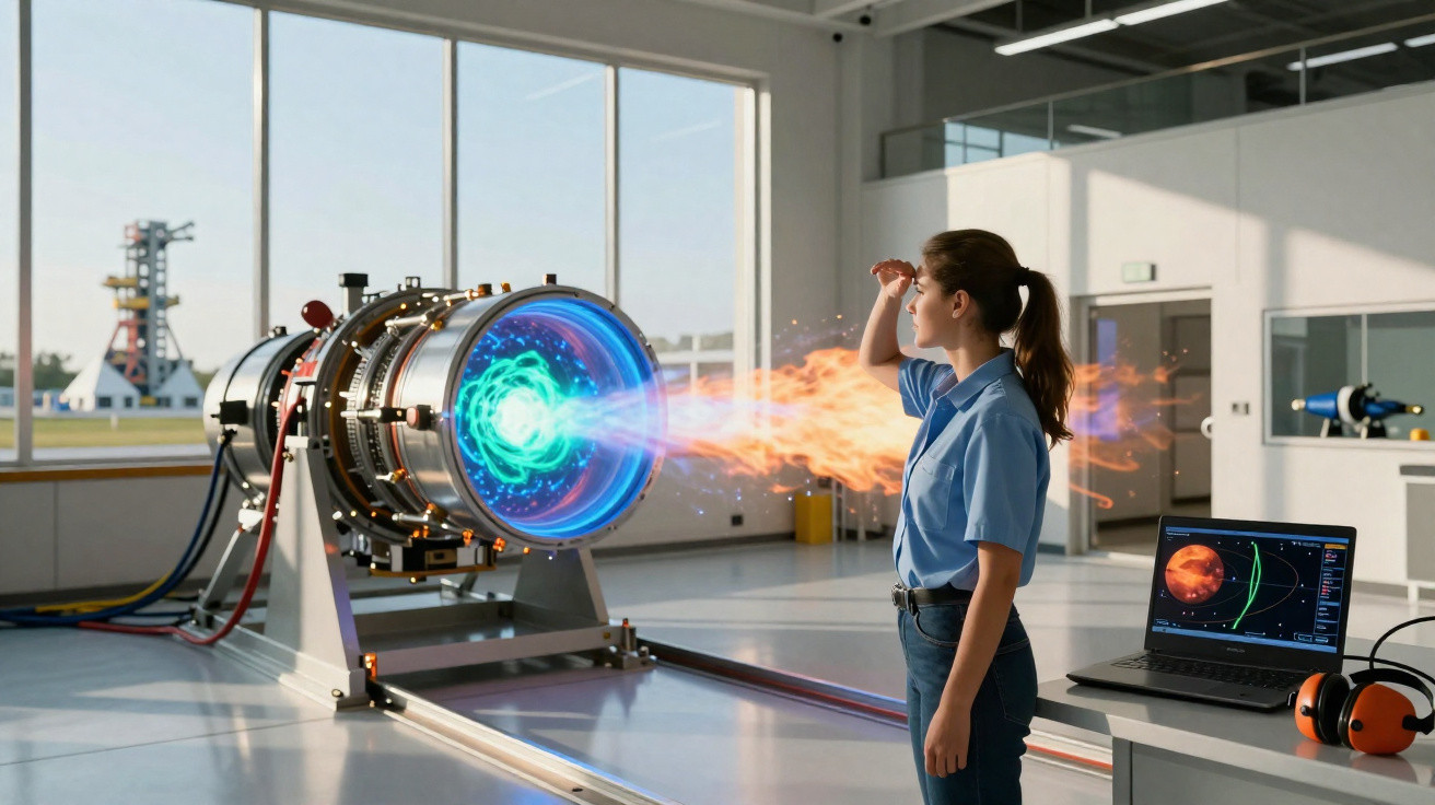 Mulher observando experimento com máquina futurista que expele fogo colorido em laboratório moderno.