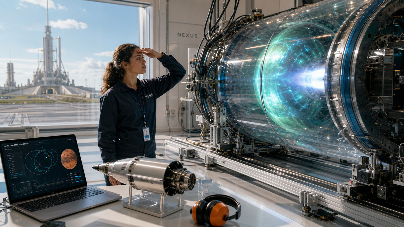 Mulher em laboratório observa dispositivo tecnológico grande com laptop e maquete de foguete na mesa.