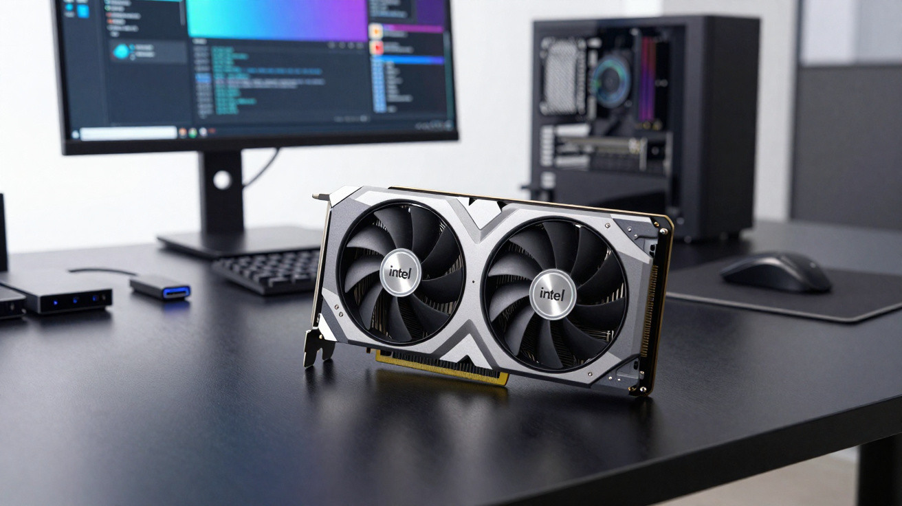 Placa de vídeo Intel com dois ventiladores sobre mesa preta em ambiente de escritório tecnológico.