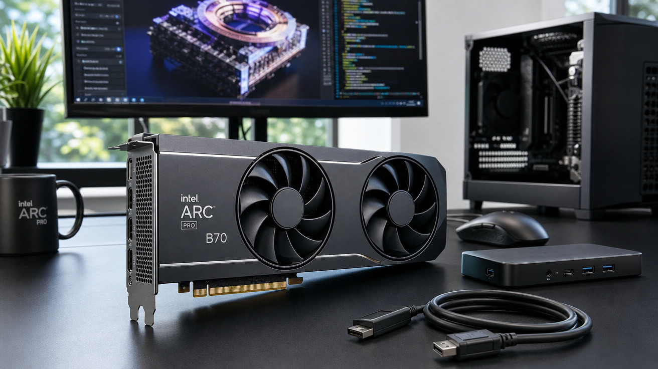 Placa de vídeo Intel ARC PRO B70 sobre mesa com cabo, notebook dock e computador ao fundo.