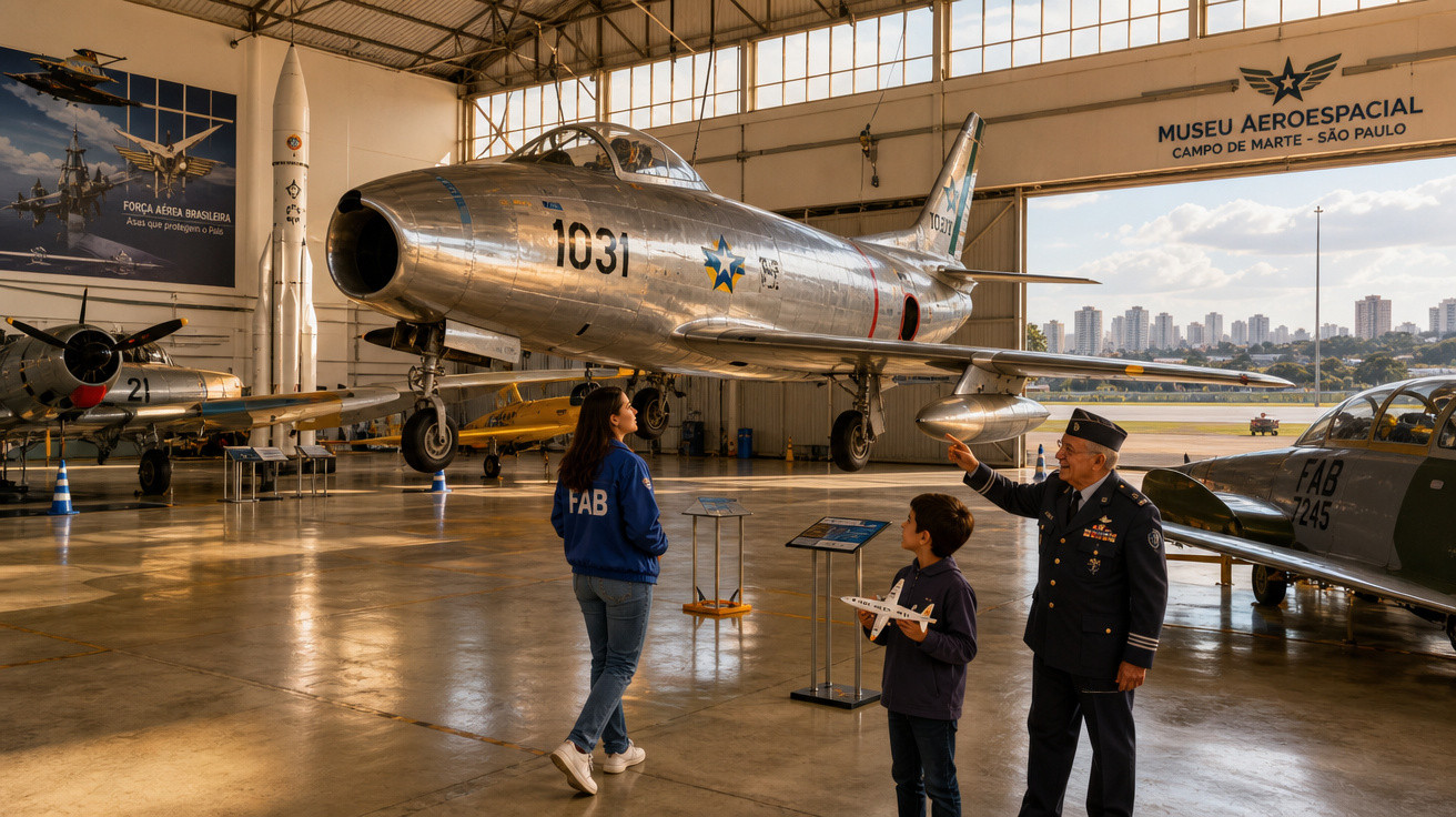 Avião histórico no Museu Aeroespacial com visitante e militar explicando aeronave dentro do hangar em São Paulo.