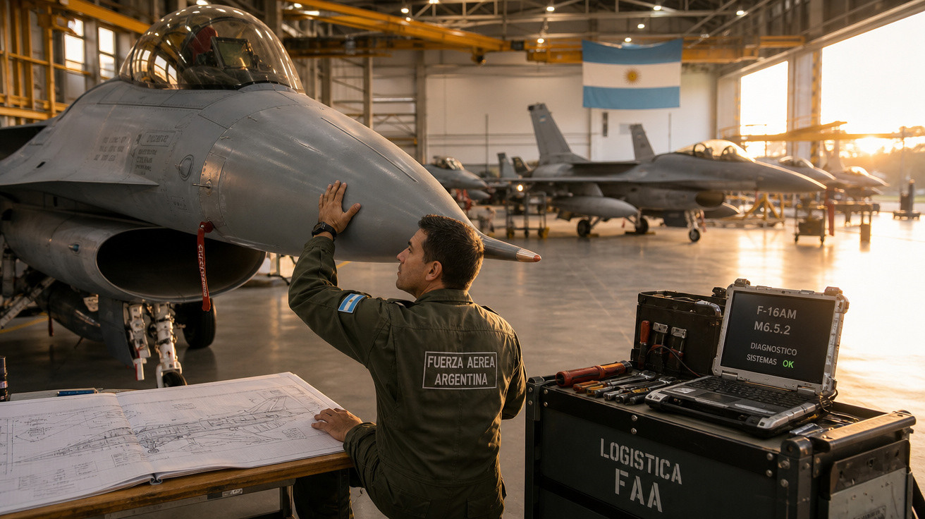 Técnico da Força Aérea Argentina inspecionando caça F-16 em hangar com equipamentos e plantas técnicas.