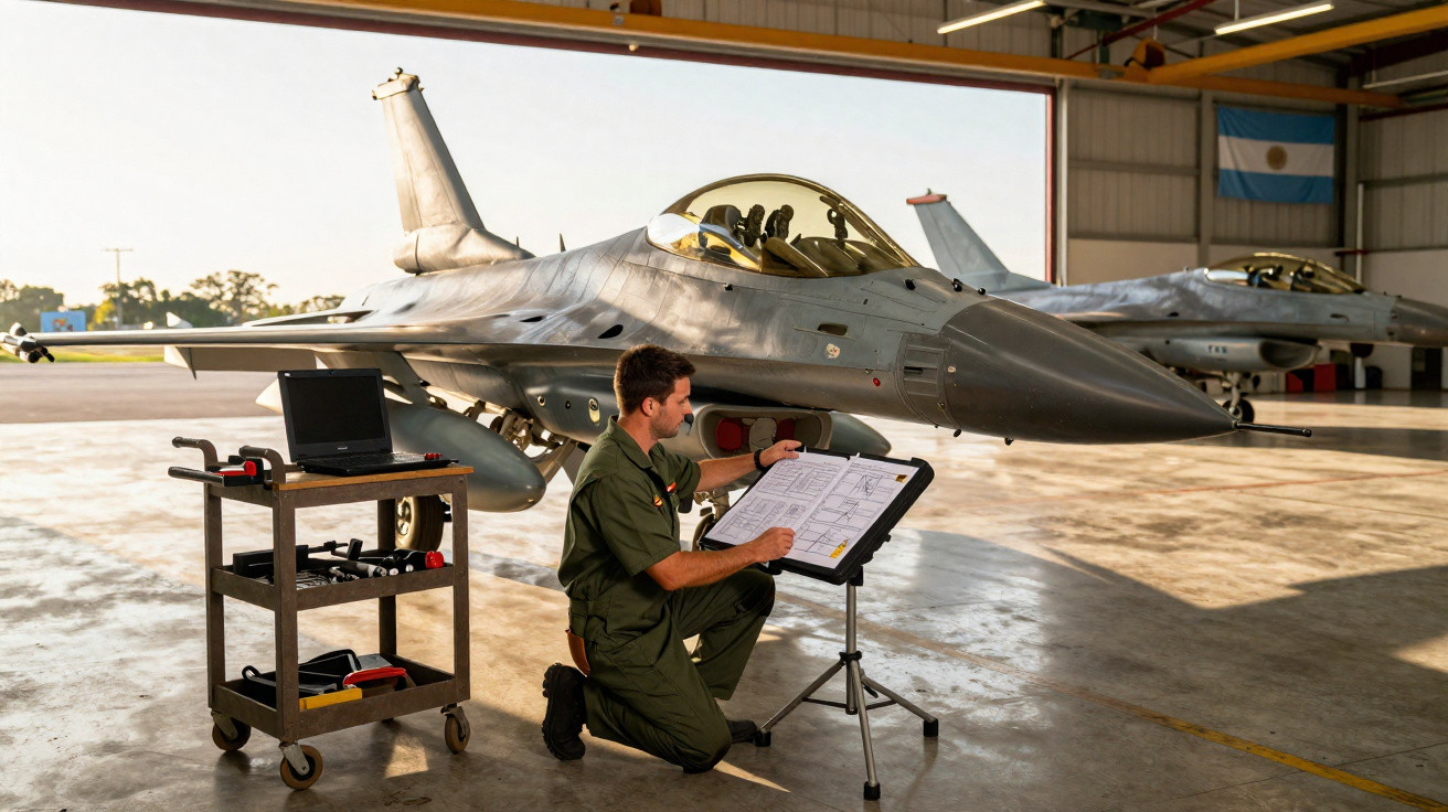Militar verifica checklist ao lado de caça F-16 em hangar com bandeira da Argentina ao fundo.