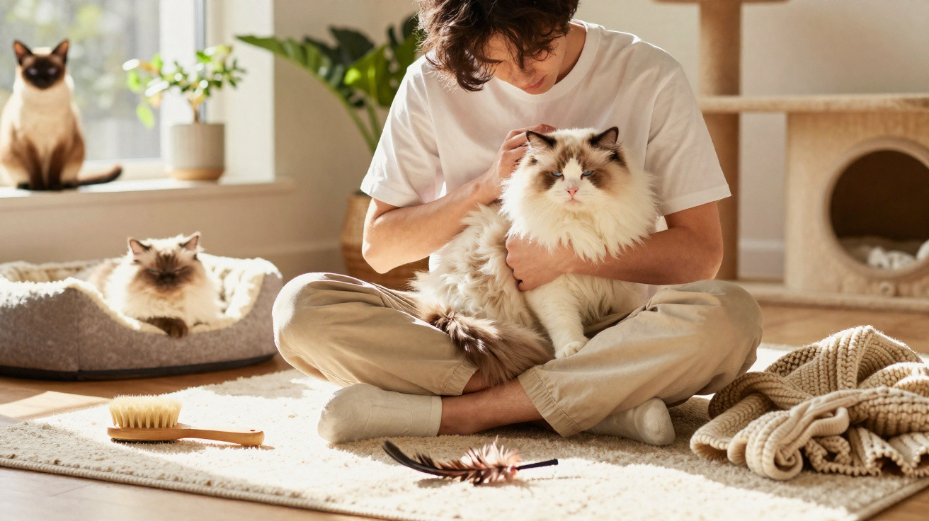 Pessoa sentada no chão acariciando gato grande e felpudo, com outros dois gatos e brinquedos ao redor.