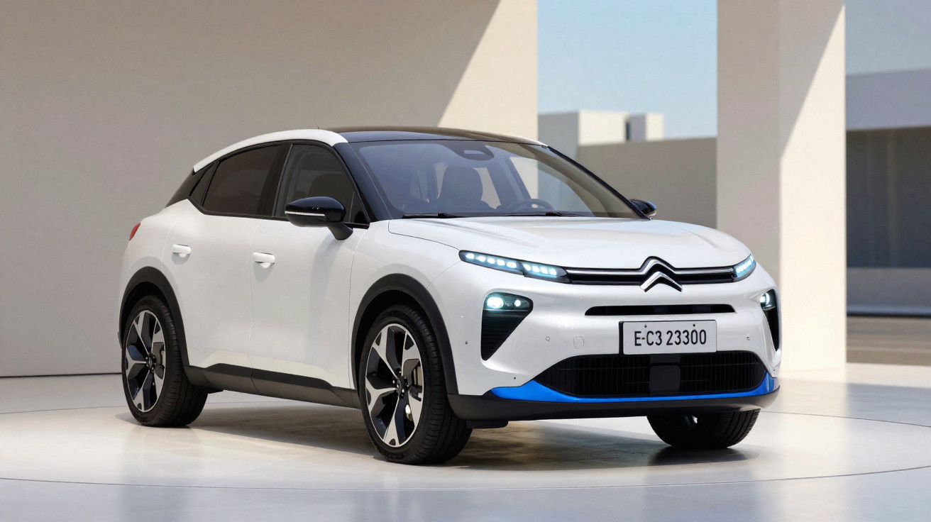 Carro elétrico branco Citroën C5 X, exibido em ambiente minimalista, com detalhe em azul na parte frontal.