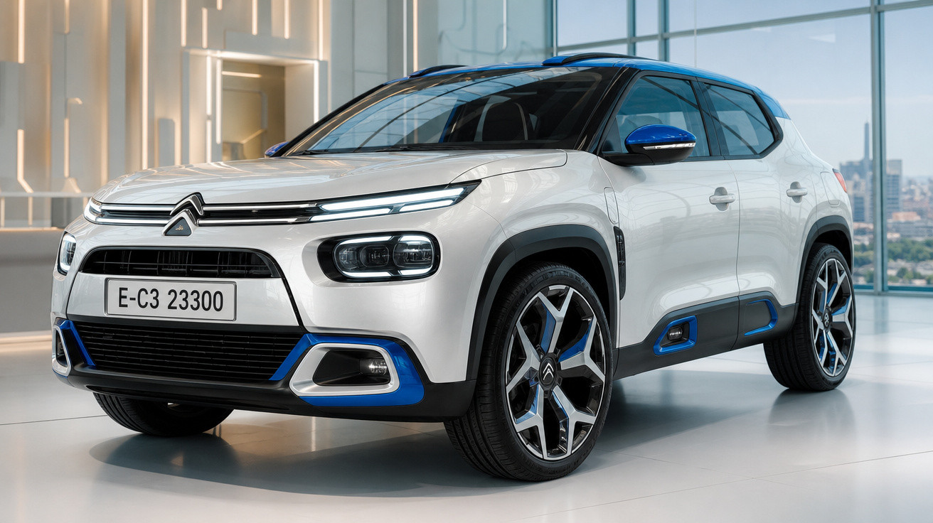 Carro Citroën SUV compacto branco com detalhes azuis exposto em showroom moderno.