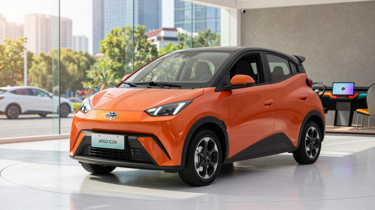 Carro Toyota Aygo Icon laranja exibido em showroom com fundo urbano e interiores modernos.