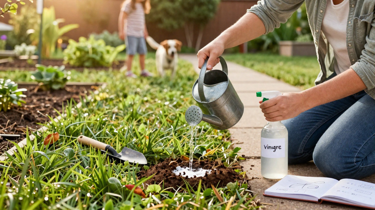 Pessoa regando planta com regador, com frasco de vinagre e pá no jardim ao ar livre. Criança e cachorro ao fundo.