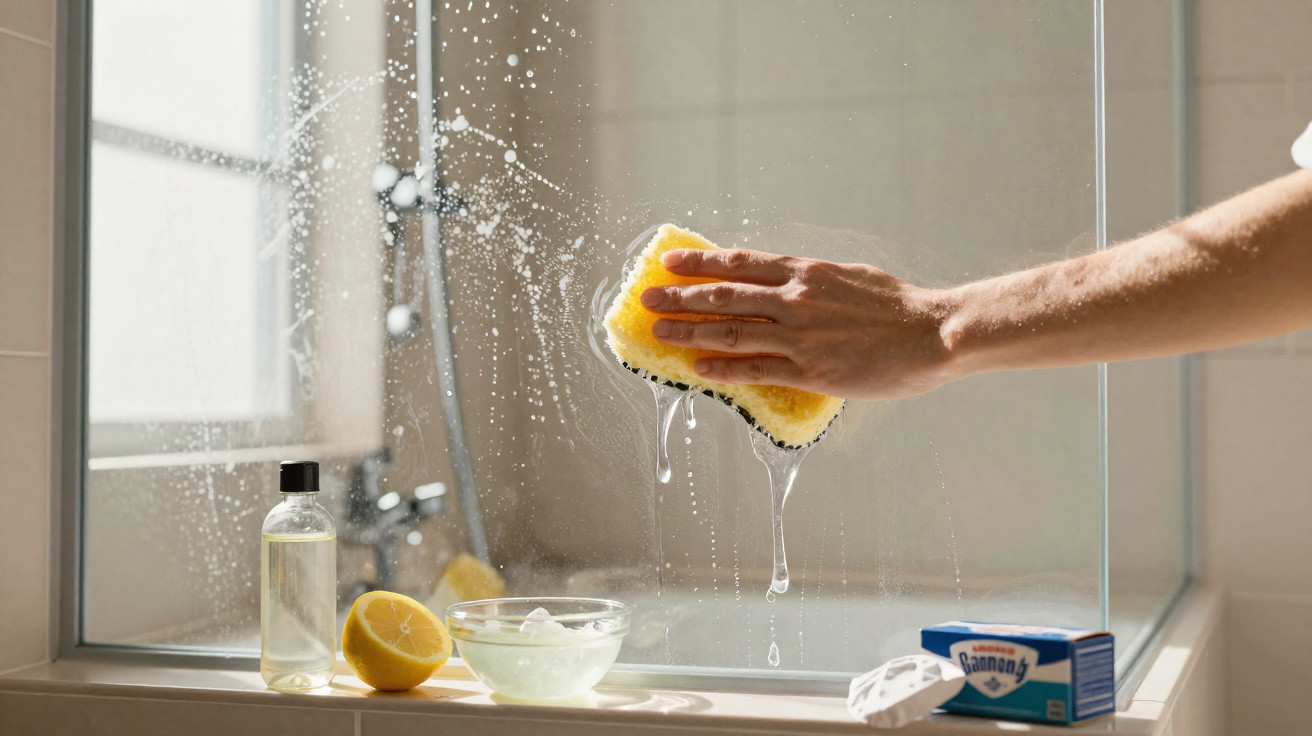 Mão segurando esponja molhada limpando vidro de box com produtos de limpeza e limão ao fundo.